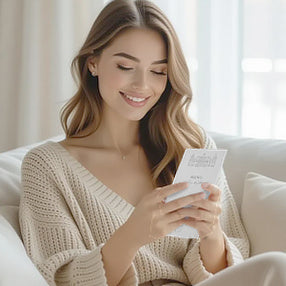 Junge Frau betrachtet ihre Hochzeitseinladung am Handy.