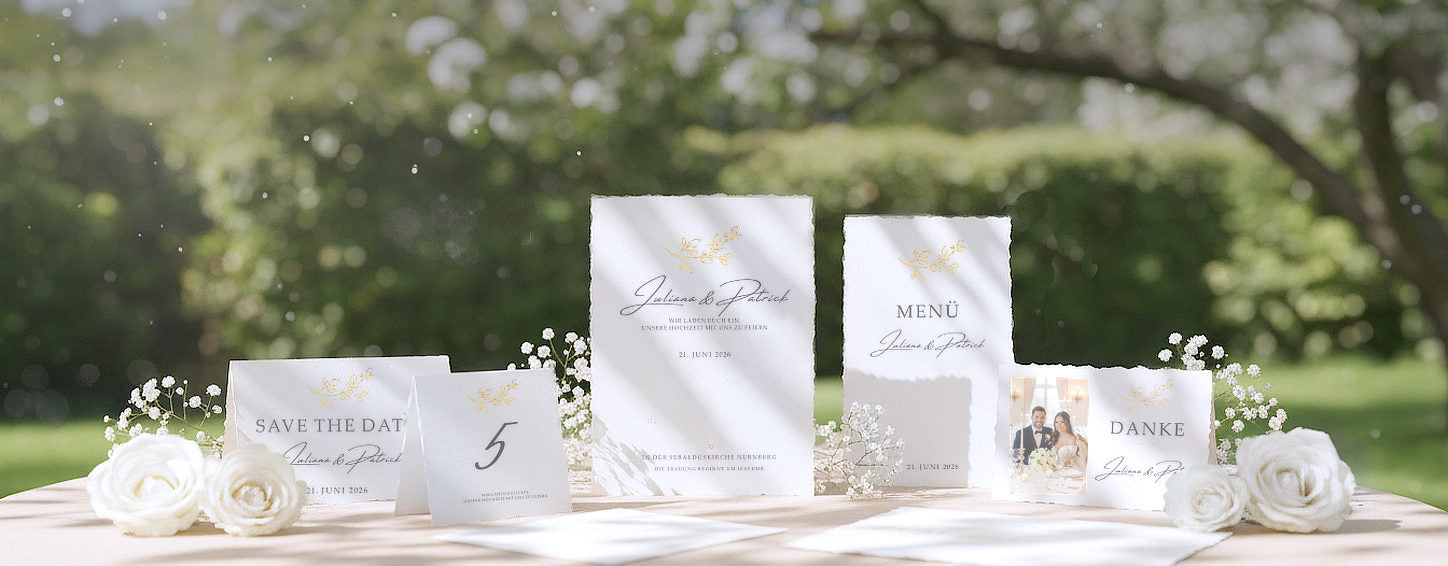 Ihre Hochzeitskarten  auf handgeschöpftem Büttenpapier - von Ihnen entworfen, von uns gedruckt.