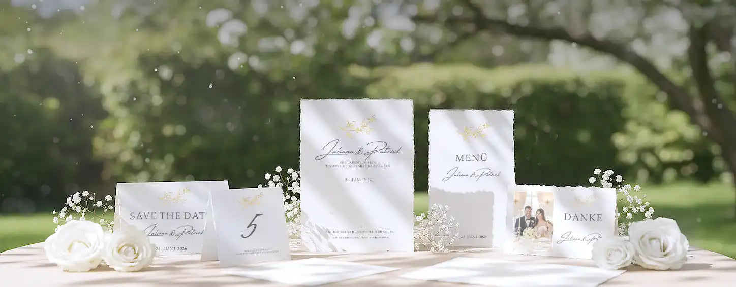 Ihre Hochzeitskarten  auf handgeschöpftem Büttenpapier - von Ihnen entworfen, von uns gedruckt.