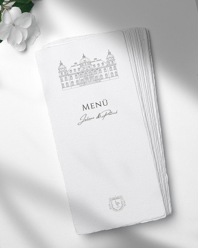 Minimalistische Menükarte zur Hochzeit im eleganten Schloss Design.