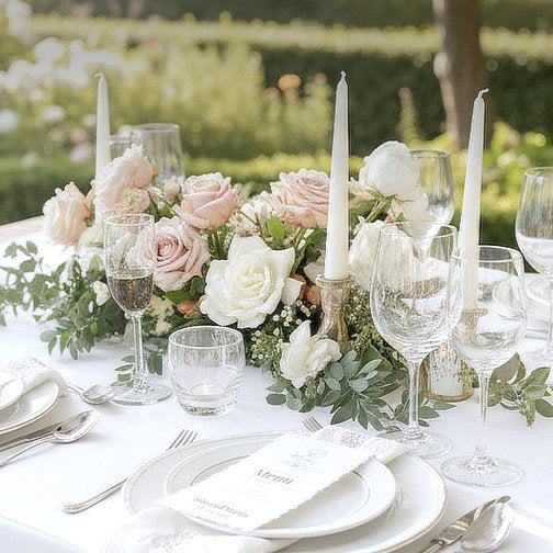 Wunderschöner Hochzeitstisch mit Menükarten aus handgeschöpftem Büttenpapier - individuell bedruckt.